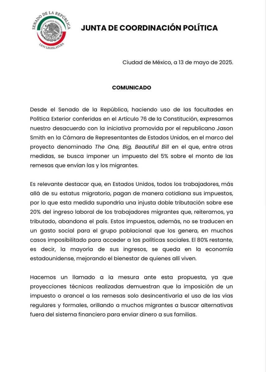 adan_augusto's tweet image. El Senado de la República, con el acuerdo unánime de todos los coordinadores parlamentarios, rechaza la propuesta de imponer un arbitrario e injusto impuesto a las remesas enviadas por los migrantes.