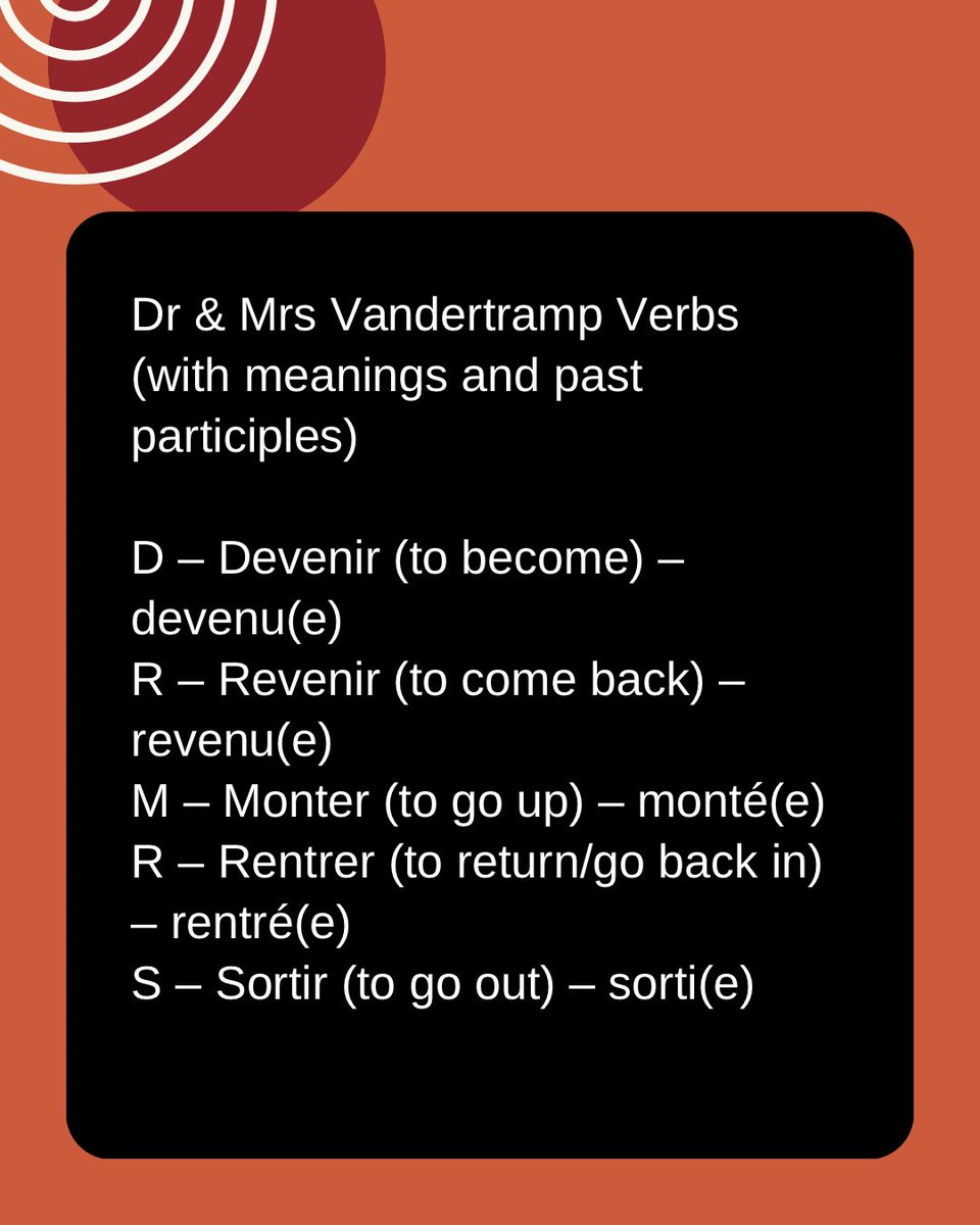 bimbolakinyemi's tweet image. “Not all past actions use ‘avoir’! 

Meet the 17 verbs that always call for être in the past tense. 
Do you want to sound more fluent in French? Master this list!”

🔖 #FrenchPastTense #PasséComposé #A2FrenchGrammar #FrenchWithEtre #FrenchVerbs #FrancaisPourTous #LearnFrenchDaily