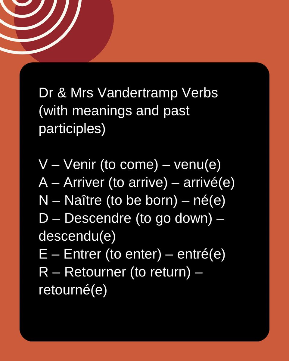 bimbolakinyemi's tweet image. “Not all past actions use ‘avoir’! 

Meet the 17 verbs that always call for être in the past tense. 
Do you want to sound more fluent in French? Master this list!”

🔖 #FrenchPastTense #PasséComposé #A2FrenchGrammar #FrenchWithEtre #FrenchVerbs #FrancaisPourTous #LearnFrenchDaily