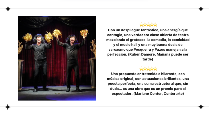 Críticas: ALGA LADINA (el premio que faltaba) Sabados 17hs. Teatro Hasta Trilce. Maza 177. Caba.  Grupo Carne de Crítica.
<a href="/pesqueirafran/">Francisco Pesqueira</a>
<a href="/carloargentoOk/">Carlo Argento</a>
Entradas por
<a href="/AlternativaEsc/">Alternativa</a>