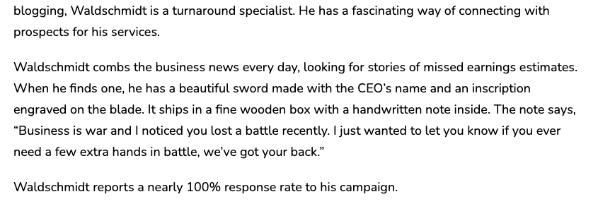 mhp_guy's tweet image. This is just incredible.

He has a 100% response rate from sending $1,000 custom swords to the owners of failing companies.

Each closed deal represents 7 figures of net profit.

I love these stories so much.