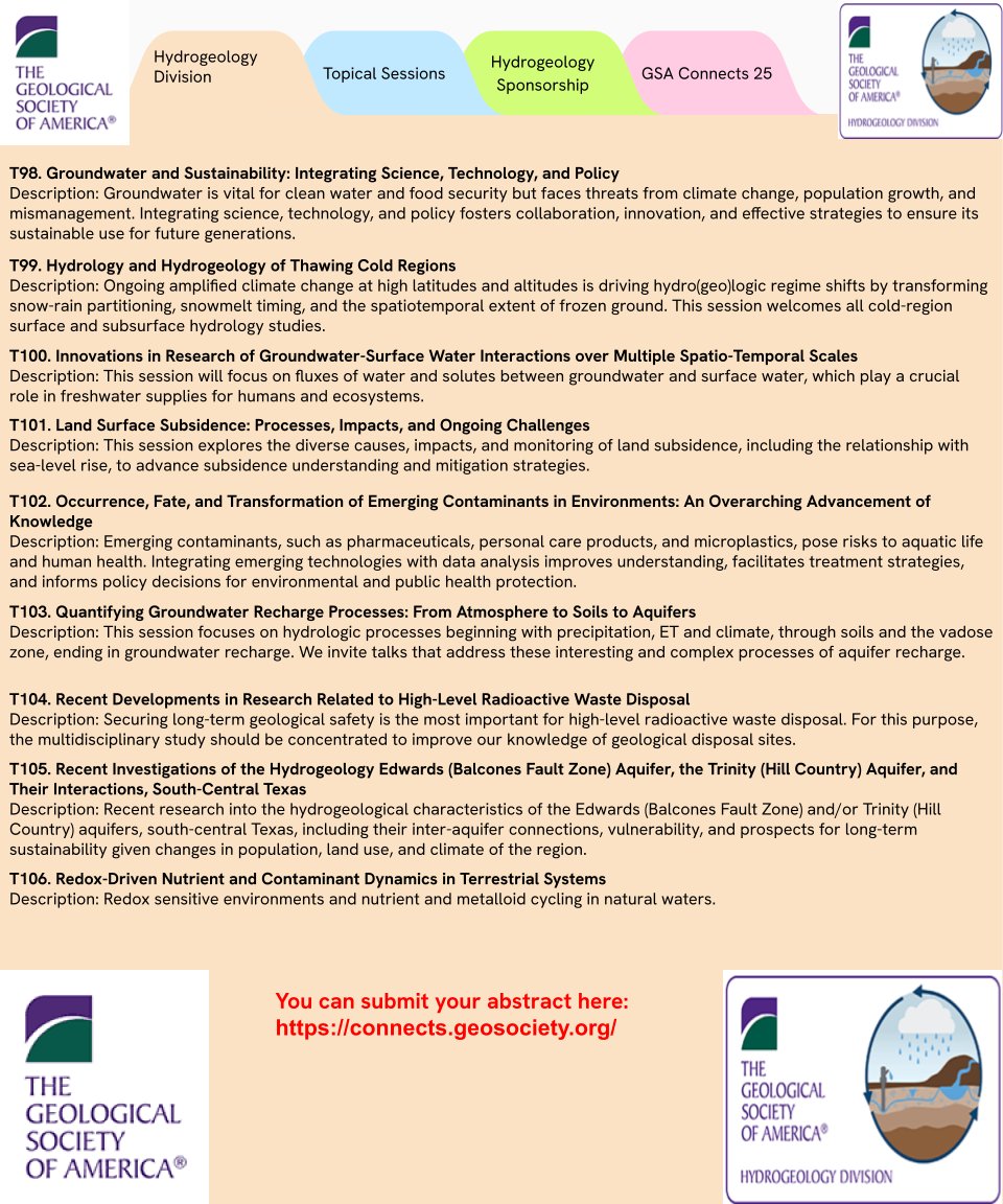 CALL FOR ABSTRACTS FOR GSA CONNECTS 2025
The GSA Hydrogeology Division of the Geological Society of America (GSA) invites students, early career scientists, professionals, and researchers to submit abstracts for presentation at GSA Connects 2025, 1/3