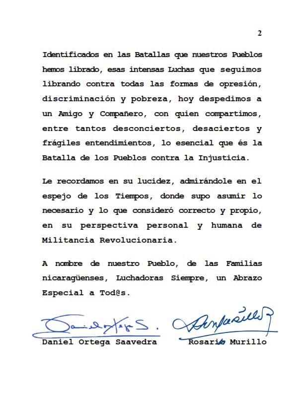Mensaje del Gobierno de #Nicaragua al Gobierno y pueblo del #Uruguay ante la partida física del Compañero #PepeMujica