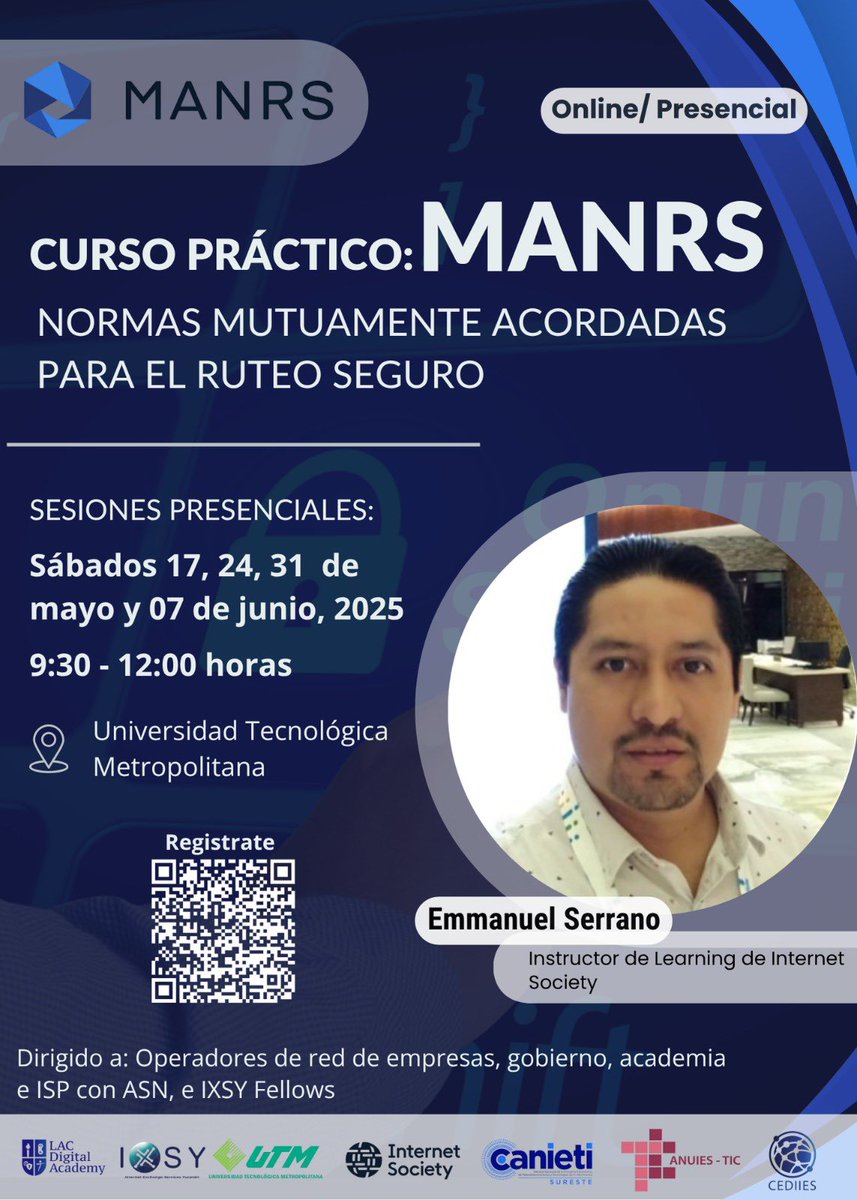 IXP_Yucatan's tweet image. 📢 ¡Curso práctico MANRS!

🧑‍🏫 Instructor: Emmanuel Serrano
📍 Modalidad: online y presencial
📆 Sábados 17, 24, 31 de mayo y 7 de junio
🕤 9:30 a 12:00 h
📌 UTM (aula por confirmar) 
🔗 Regístrate: docs.google.com/forms/d/e/1FAI…

#MANRS #IXSY #RuteoSeguro #InternetSeguro #IXP #Yucatán
