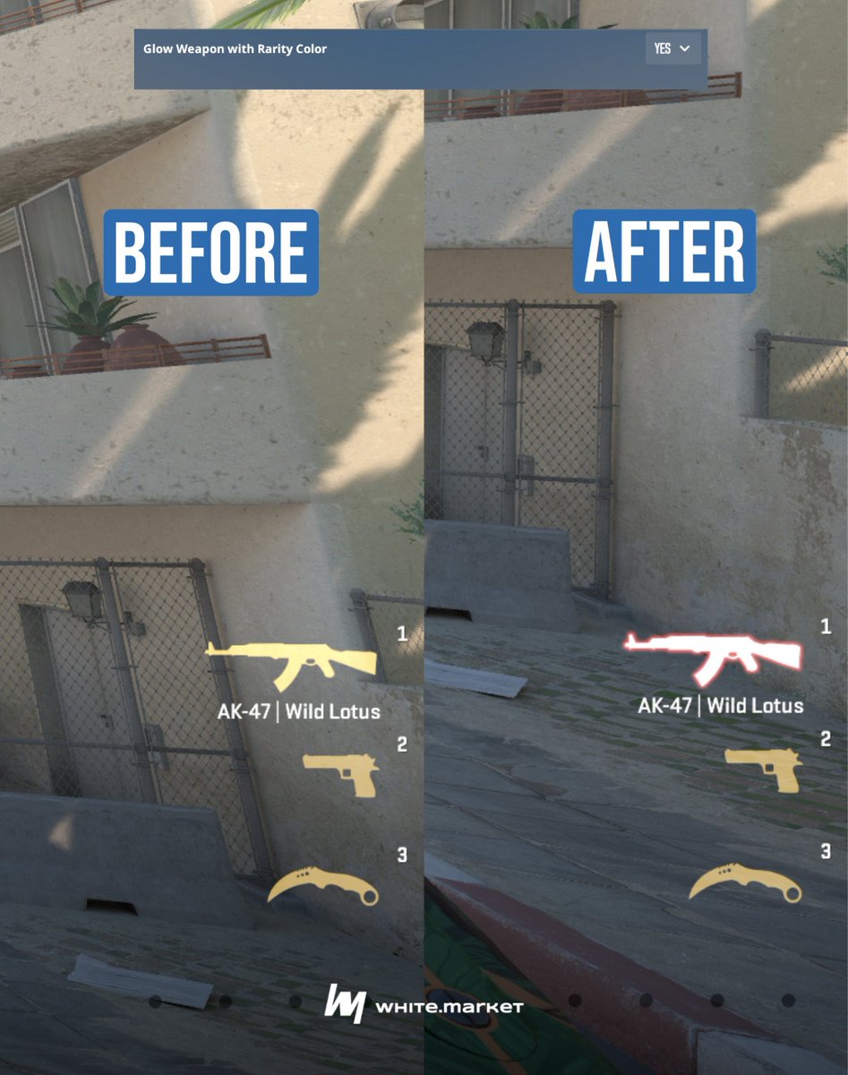 whitemarketcsgo's tweet photo. CS2 update: now you can enable "Glow Weapon with Rarity Color" in settings to display rarity of skins https://t.co/MsWUFGHzJK