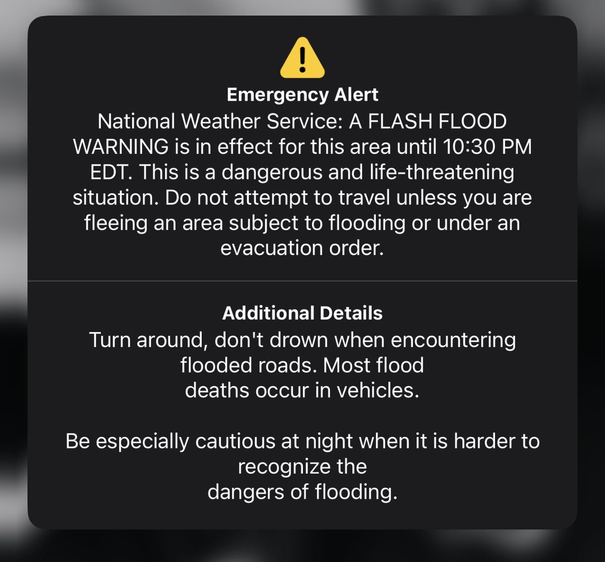 <a href="/UVAPolice/">UVA Police Division</a> <a href="/UVA/">UVA</a> we are under a FLASH FLOOD warning. 🚨🚨

REMEMBER: a warning means that severe weather is happening or imminent and you should take action. It is incredibly dangerous to travel through any area with water on the road. Turn around don't drown!