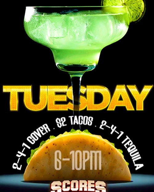 🌮🥃 Tacos &amp; Tequila Tuesday is on! 🎉🌶️🎶
💵 2 for 1 Cover
🌮 $2 Tacos
🥃 2 for 1 Tequila
🕕 6PM - 10PM
#TequilaTuesday #ScoresTampa #Tampa #TampaBay