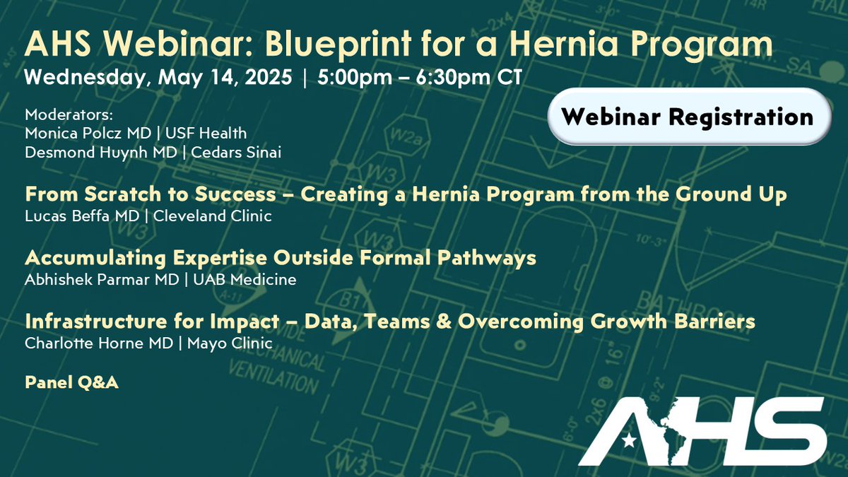 American Hernia Society (@americanhernia) on Twitter photo Join the AHS Webinar: Blueprint for a Hernia Program
May 14, 2025 @ 5–6:30pm CT
Learn how to launch, grow & lead a hernia program from experts!
Register: survey.alchemer.com/s3/8262951/AHS…
<a href="/VNikolian/">Vahagn C. Nikolian, MD</a> <a href="/natipasco/">Natália Pascotini Pereira</a> <a href="/DesmondHuynh/">Desmond Huynh</a> <a href="/VedraAugenstein/">Vedra Augenstein</a> <a href="/OrensteinSean/">Sean Orenstein</a> <a href="/daes_jorge/">JORGE DAES</a> <a href="/flavio_malcher/">Flavio Malcher</a> Join the AHS Webinar: Blueprint for a Hernia Program
May 14, 2025 @ 5–6:30pm CT
Learn how to launch, grow & lead a hernia program from experts!
Register: survey.alchemer.com/s3/8262951/AHS…
<a href="/VNikolian/">Vahagn C. Nikolian, MD</a> <a href="/natipasco/">Natália Pascotini Pereira</a> <a href="/DesmondHuynh/">Desmond Huynh</a> <a href="/VedraAugenstein/">Vedra Augenstein</a> <a href="/OrensteinSean/">Sean Orenstein</a> <a href="/daes_jorge/">JORGE DAES</a> <a href="/flavio_malcher/">Flavio Malcher</a>