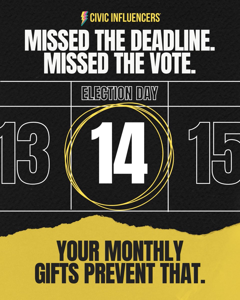 Imagine missing your vote because no one told you the deadline. Your monthly gift helps young voters stay informed &amp; ready to make their voices heard.

Let’s break down barriers—one vote at a time!

👉Give Today: civicinfluencers.org/monthly-giving

#EmpowerTheVote #CivicEngagement