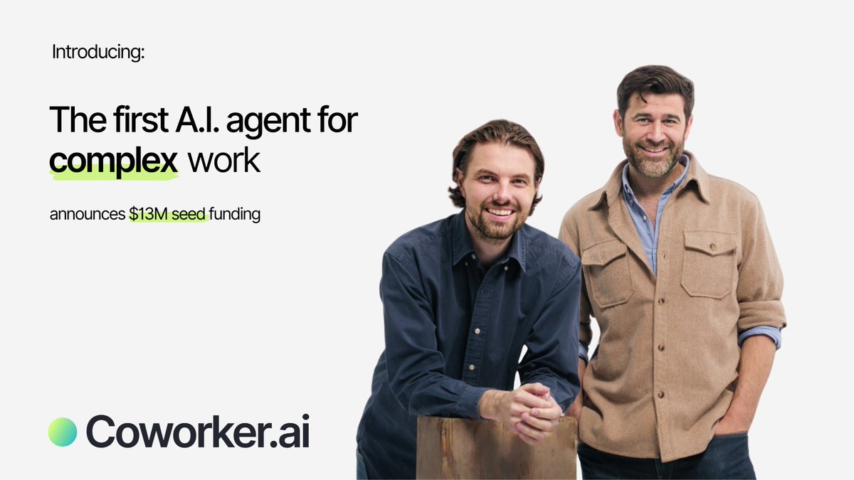 🚀 Proud to announce our investment in @Coworkerapp’s $13M seed round!

Coworker’s enterprise AI agent can handle complex tasks across company apps and data, powered by a revolutionary new memory architecture.

<a href="/ATCalder/">Alex Calder</a> &amp; <a href="/HeresTheChurch/">Bradford Church</a> were stars at Uber; now they’re