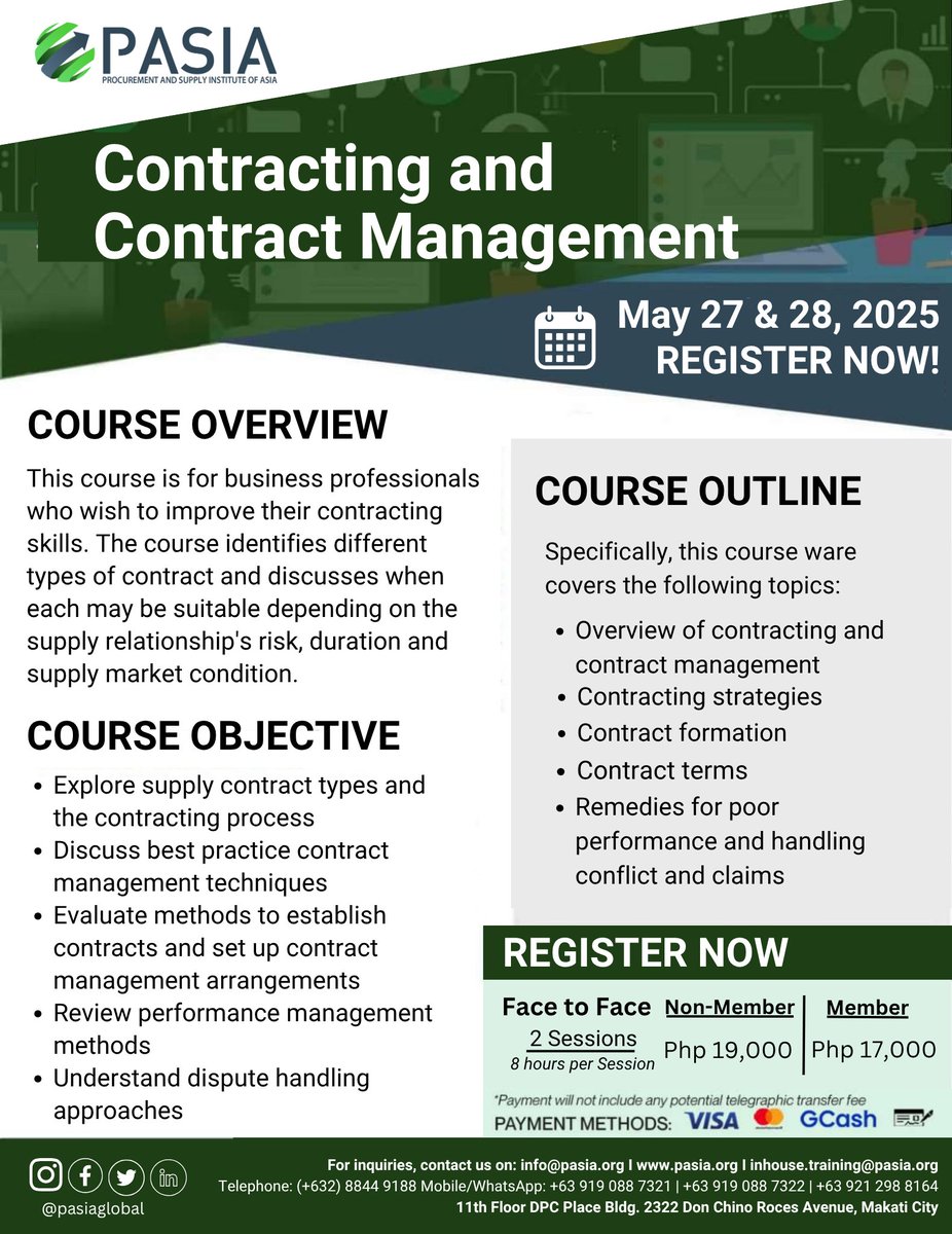 @pasiaorg_ (@pasiaorg_) on Twitter photo Sign up for PASIA Contract Management Training today!
For inquiries, contact us on:
info@pasia.org I pasia.org I inhouse.training@pasia.org
Telephone: (+632) 8844 9188 Mobile/WhatsApp: +63 919 088 7321 | +63 919 088 7322 | +63 921 298 8164 Sign up for PASIA Contract Management Training today!
For inquiries, contact us on:
info@pasia.org I pasia.org I inhouse.training@pasia.org
Telephone: (+632) 8844 9188 Mobile/WhatsApp: +63 919 088 7321 | +63 919 088 7322 | +63 921 298 8164