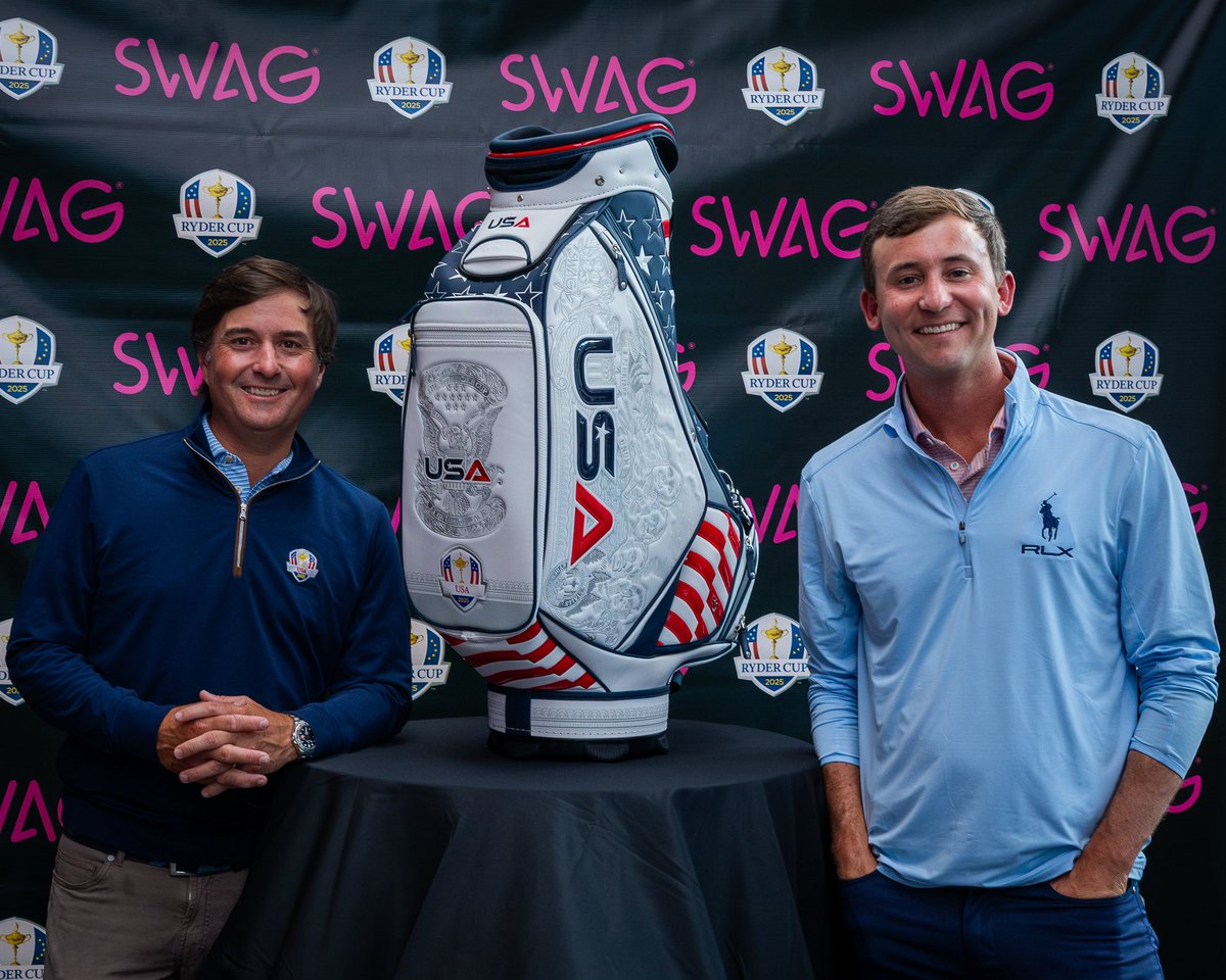 swaggolfco's tweet image. Excited to have @SmylieKaufman10 and US Ryder Cup Vice Captain @K_Kisner here for the unveiling of the official US Ryder Cup team bag! 💀 

#GoUSA #SwagGolf