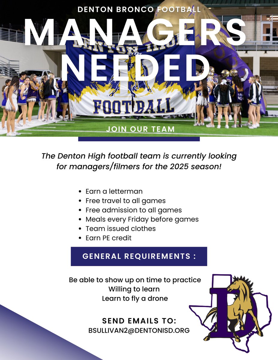 Denton High Broncos Football (@dentonfootball) on Twitter photo Attention Denton High Students!
We are looking for dedicated team managers to help out this season. If you’re passionate and ready to be a key part of the team, we want you! DM <a href="/Sullivan4Coach/">Benjamin Sullivan</a> if you’re interested! Attention Denton High Students!
We are looking for dedicated team managers to help out this season. If you’re passionate and ready to be a key part of the team, we want you! DM <a href="/Sullivan4Coach/">Benjamin Sullivan</a> if you’re interested!