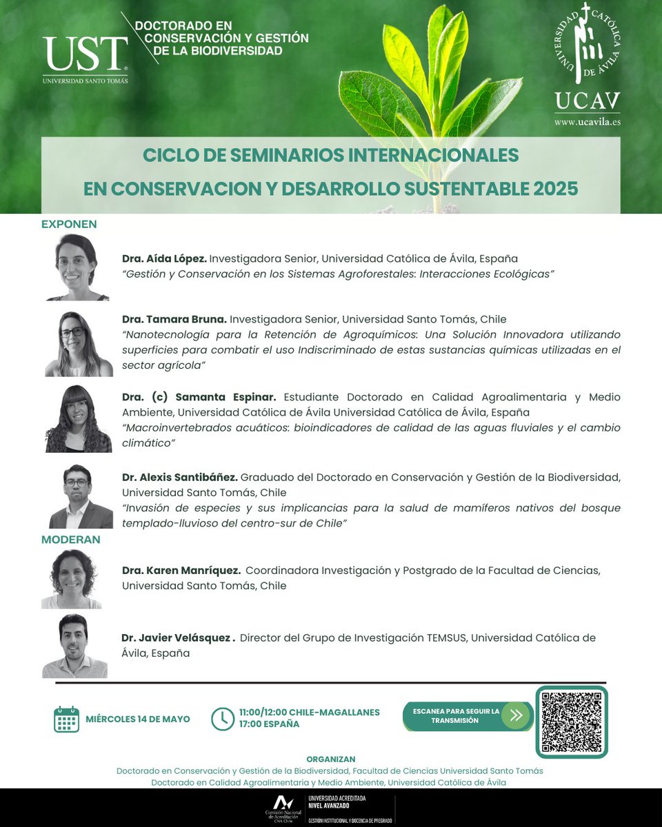 Mañana vía online, desde las 11:00h (CHL). Ciclo de Seminarios Internacionales en Conservación y Desarrollo Sustentable 2025. Estudiantes y Académic@s de dos doctorados, presentan sus investigaciones.