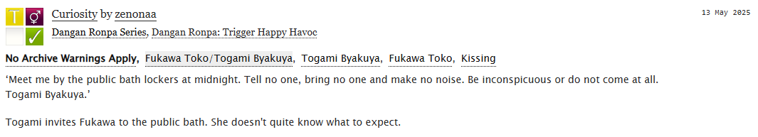 zenonaaa's tweet image. #togafuka fic 💜💚 SFW 

Togami invites Fukawa to the public bath. She doesn’t quite know what to expect. AKA revamp of my first ever tofu fic

💖 Please like, reblog, leave kudos and/or comment on tumblr and AO3 💖

tumblr: zenonaa.tumblr.com/post/783473790…
ao3: archiveofourown.org/works/65540563