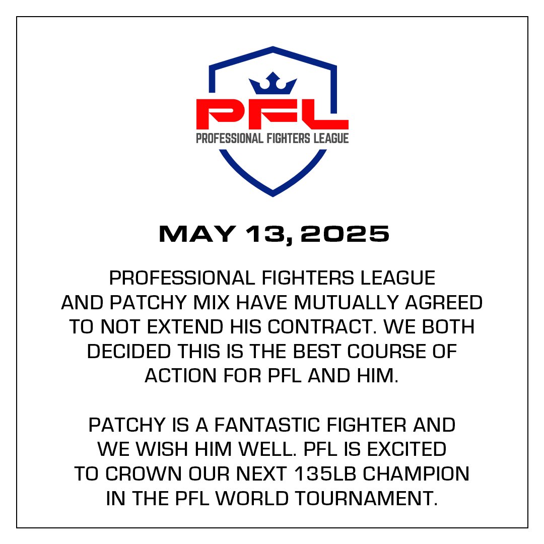 PFLMMA's tweet image. 𝗢𝗙𝗙𝗜𝗖𝗜𝗔𝗟:  Professional Fighters League and Patchy Mix have mutually agreed to not extend his contract.  

We wish Patchy Mix all the best in his future