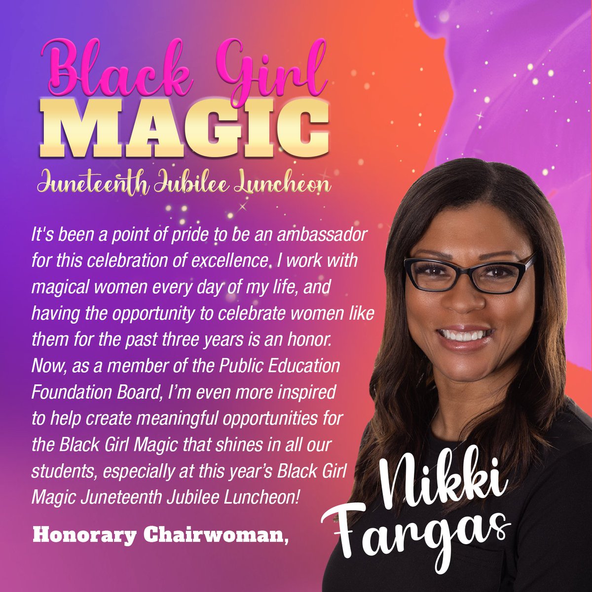ThePEFtoday's tweet photo. Honored to welcome back President of the @LVAces and PEF Board Member, Nikki Fargas, as the Honorary Chairwoman of our BGM Juneteenth Jubilee Luncheon! Join us for this celebration alongside community leaders and support our Scholarships Plus program! https://t.co/adajeNVdHK https://t.co/anh71vSfkA