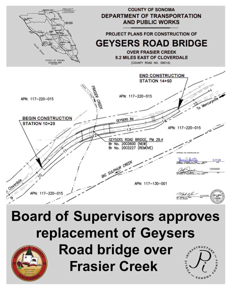 The Board of Supervisors today approved plans and specifications for the replacement of the Geysers Road bridge that spans Frasier Creek east of Cloverdale: sonomacounty.ca.gov/board-of-super…