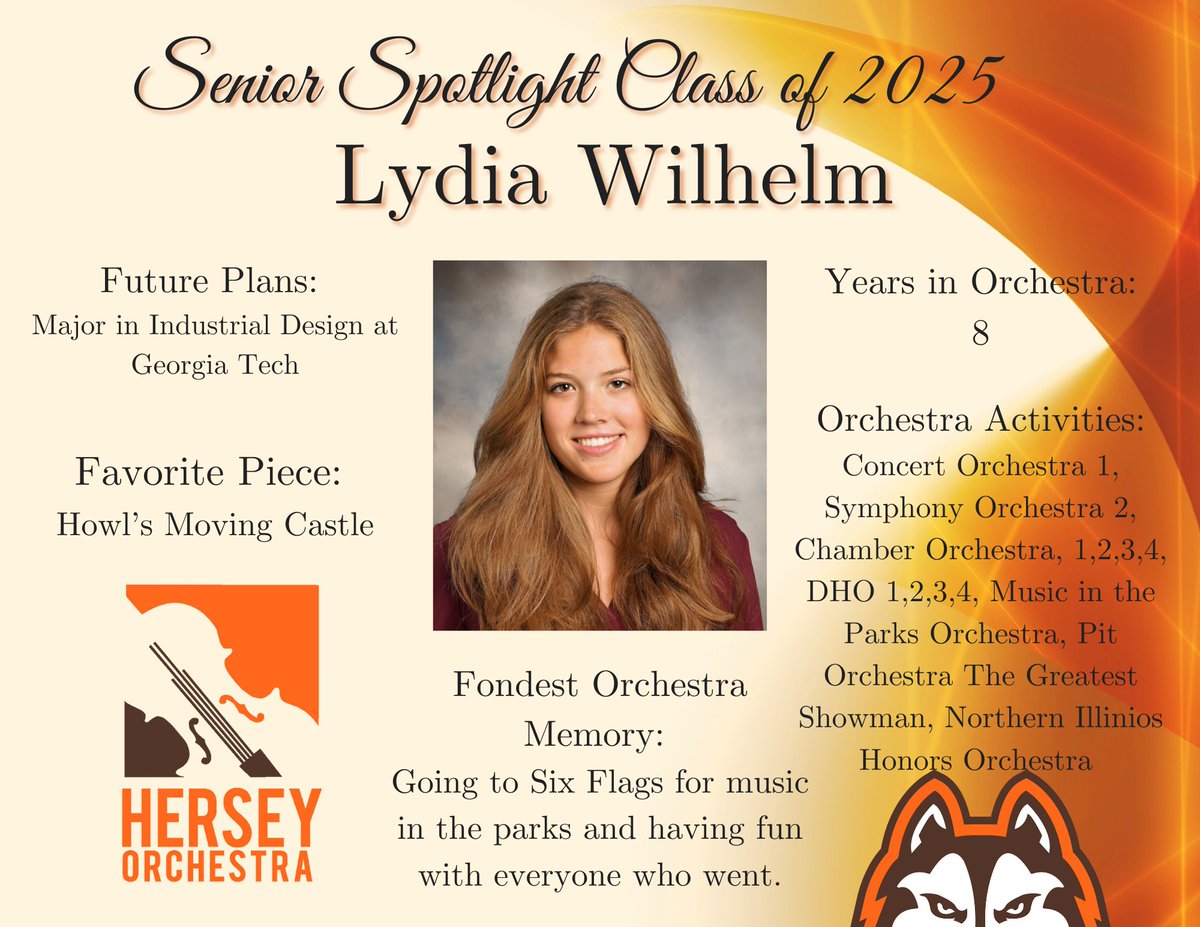 Congratulations to our next 2025 Senior Spotlight: Lydia Wilhelm! (Senior Violinist) We are so proud of your commitment to the Chamber orchestra.