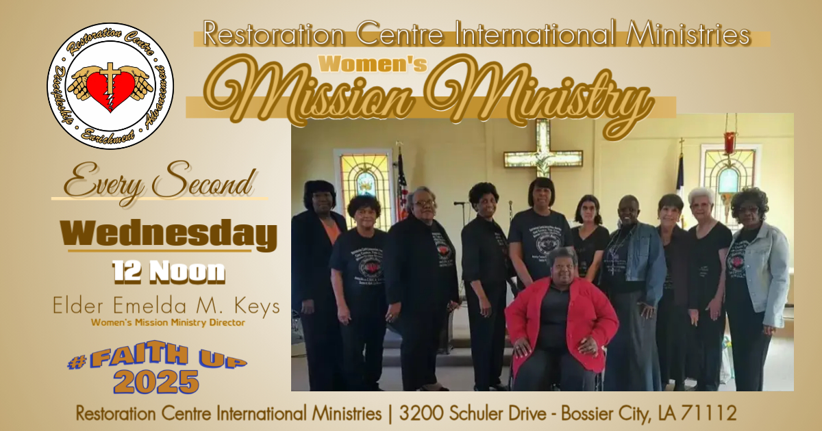 RcbcMedia's tweet image. 🦋WOMEN’S MISSION MINISTRY MEETING🦋
~Every 2nd Wednesday - 12 Noon~
.
AT:
Restoration Centre International Ministries
3200 Schuler Drive - Bossier City, LA 71112
For More Contact:
Elder Emelda M. Keys - Mission Ministry Director
.
.
#restbc