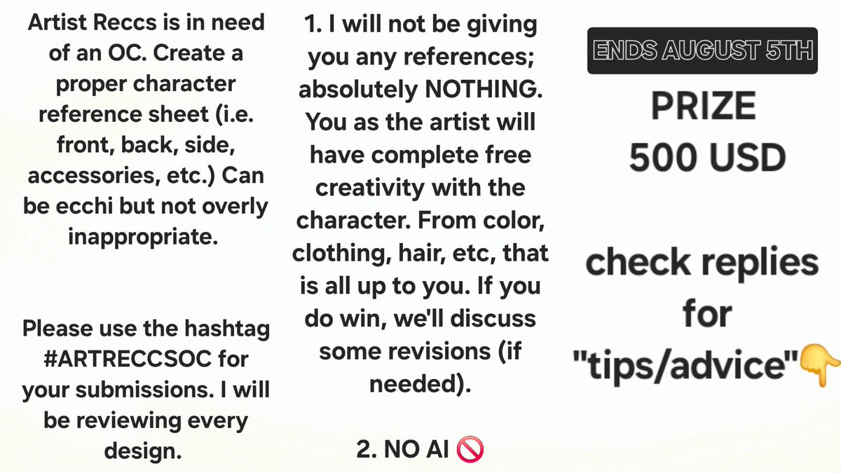Artistreccs's tweet image. Original character creation contest!
Create a character to represent this page, ARTIST RECCS 🎨
1 Cash prize of 500 USD (74,000¥)
Do not hesitate to ask any questions in the replies or DMs.
Reposts appreciated 🩵
❗️Ends August 5th❗️
