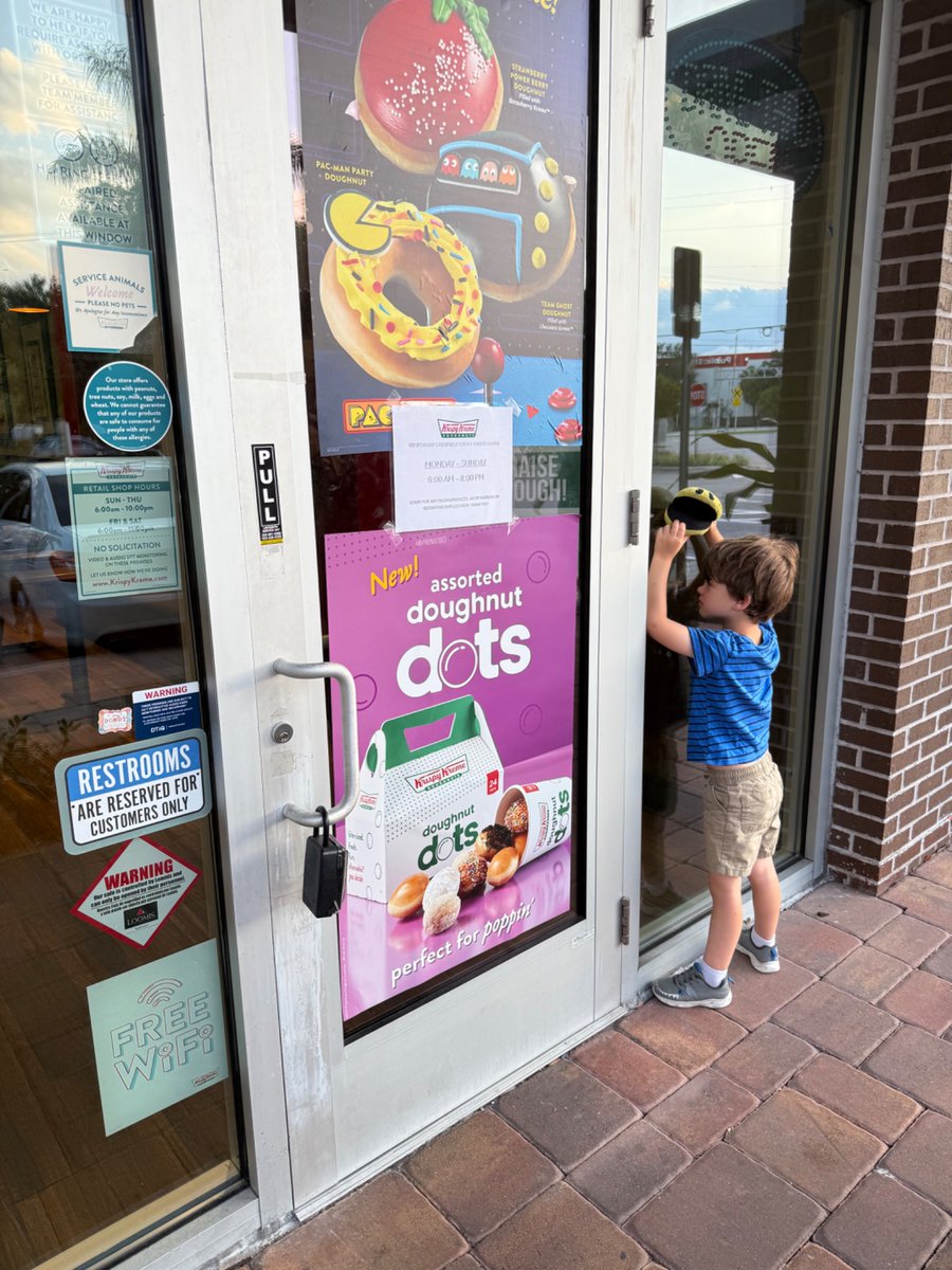 So <a href="/krispykreme/">Krispy Kreme</a>  has Pac-Man donuts. If you weren’t aware, I have a 5 year old who takes his stuffed Pac-Man everywhere he goes. So we drove 30 minutes to get him Pac-Man donuts. Sign on the door “sorry, we’re closing at 8”. Thankfully. It was only 7:15. 

NOPE 🤦‍♀️ mom fail.