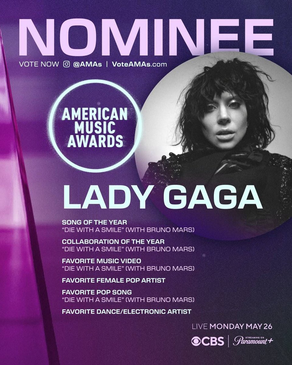 Don't forget to vote for Lady Gaga at the American Music Awards. All votes are counted as doubled today:

Favorite Female Pop Artist
Favorite Dance/Electronic Artist
Favorite Pop Song (Die With A Smile)
Favorite Music Video (Die With A Smile) 
Song of the Year (Die With A Smile)