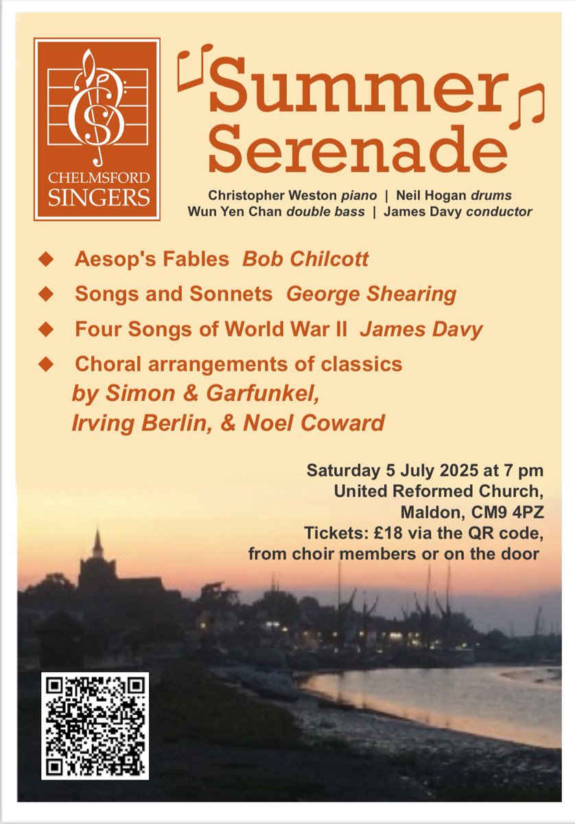 Our next concert takes place in the beautiful town of Maldon and features music on the light side, with a nod to the #VEDay80 commemorations, and featuring superb musicians alongside the choir and <a href="/jamesdavy7/">James Davy</a> - do join us: details are below!