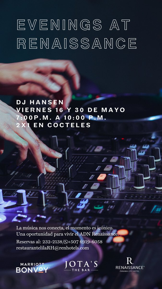 ¡Vive una experiencia auténtica y vibrante en el Evening at Renaissance! 🎶 Sumérgete en una noche sensorial con DJ en vivo, buena música y un ambiente único. ¡No te lo pierdas!

#EveningsAtRenaissance #DjNights #JotasTheBar #renhotels #RenaissancePanama