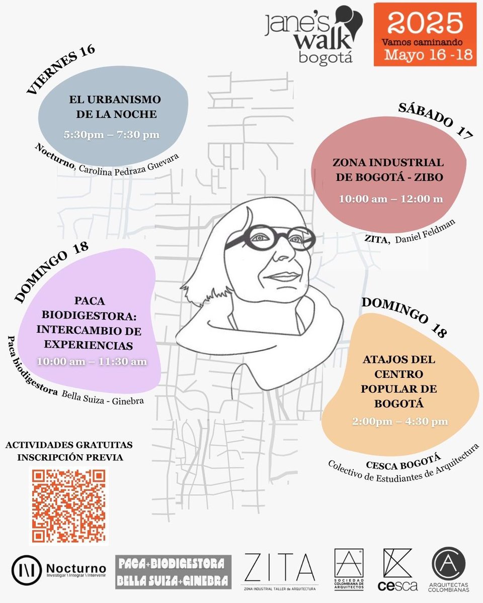 JanesWalkBogota's tweet photo. ¡Acaba de salir la programación para Jane’s Walk Bogotá 2025 del 16 al 18 de mayo! 

Tendremos 4 actividades gratuitas lideradas por #nocturno #zita #pacabiodigestorabellasuiza y #cescabogota 

Inscripciones en  https://t.co/PdJVKCXnzk o con el código QR

@janeswalk https://t.co/AyJissP5fp