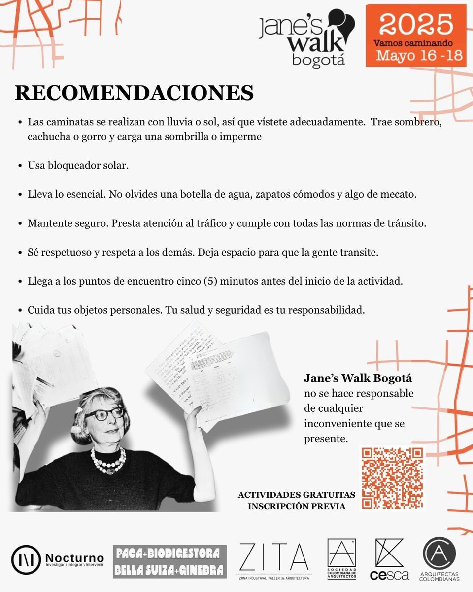 JanesWalkBogota's tweet photo. ¡Acaba de salir la programación para Jane’s Walk Bogotá 2025 del 16 al 18 de mayo! 

Tendremos 4 actividades gratuitas lideradas por #nocturno #zita #pacabiodigestorabellasuiza y #cescabogota 

Inscripciones en  https://t.co/PdJVKCXnzk o con el código QR

@janeswalk https://t.co/AyJissP5fp