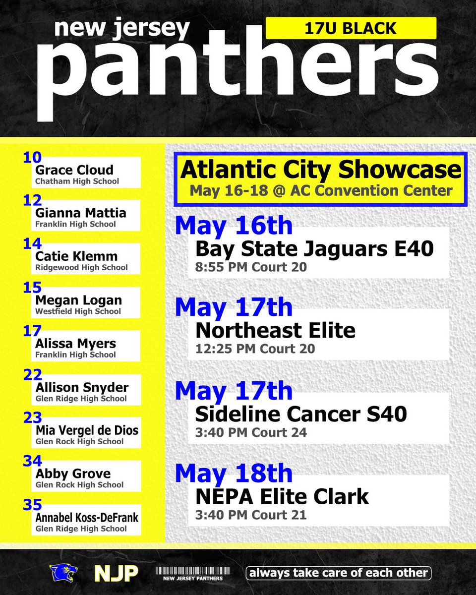 Abby Grove (@abbygrove2026) on Twitter photo Heading to Atlantic City this weekend! Come check out our 17u Black team! <a href="/nj_panthers/">NJ Panthers</a> <a href="/CoachJordanNJP/">Jordan Stites</a> <a href="/CoachZ_NJP/">Zakiya Beckles MAT, LAT, ATC</a> Heading to Atlantic City this weekend! Come check out our 17u Black team! <a href="/nj_panthers/">NJ Panthers</a> <a href="/CoachJordanNJP/">Jordan Stites</a> <a href="/CoachZ_NJP/">Zakiya Beckles MAT, LAT, ATC</a>