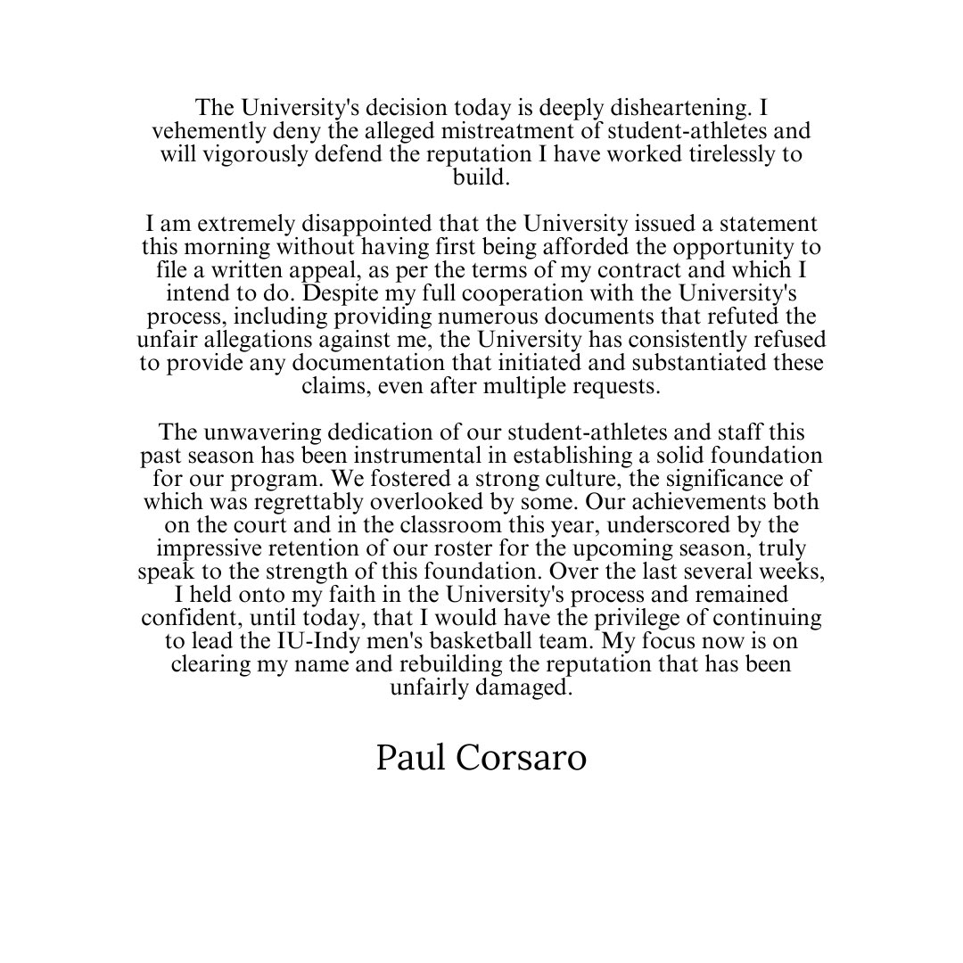 Jeff Goodman (@goodmanhoops) on Twitter photo IU Indy coach Paul Corsaro has issued a statement to <a href="/TheFieldOf68/">The Field of 68</a> in response to his firing earlier today. IU Indy coach Paul Corsaro has issued a statement to <a href="/TheFieldOf68/">The Field of 68</a> in response to his firing earlier today.