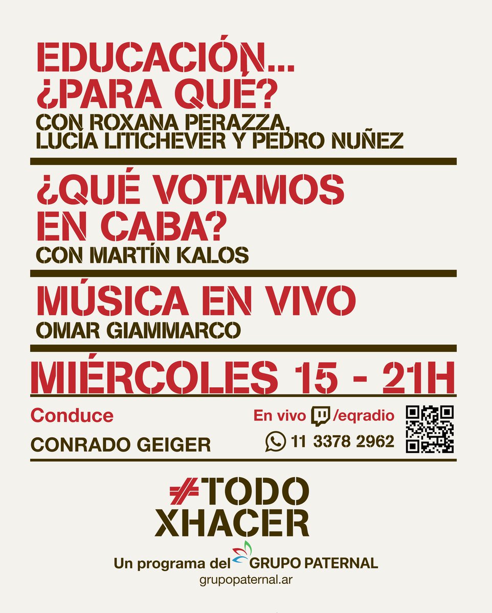 Grupo_Paternal (@grupo_paternal) on Twitter photo Mañana 21hs. nuevo streaming del #GrupoPaternal.
+ Educación ¿Para qué? con <a href="/RoxanaPerazza/">RoxPerazza⭐️⭐️⭐️</a>, <a href="/lucialitichever/">Lucia Litichever</a> y <a href="/pedronunez74/">Pedro Nuñez</a>
+ Música en vivo con Omar Giammarco
+ ¿Qué votamos en CABA? con <a href="/martinkalos/">Martín Kalos</a>
+ Y los caminos del #PepeMujica
Nos escuchamos por: twitch.tv/eqradio Mañana 21hs. nuevo streaming del #GrupoPaternal.
+ Educación ¿Para qué? con <a href="/RoxanaPerazza/">RoxPerazza⭐️⭐️⭐️</a>, <a href="/lucialitichever/">Lucia Litichever</a> y <a href="/pedronunez74/">Pedro Nuñez</a>
+ Música en vivo con Omar Giammarco
+ ¿Qué votamos en CABA? con <a href="/martinkalos/">Martín Kalos</a>
+ Y los caminos del #PepeMujica
Nos escuchamos por: twitch.tv/eqradio