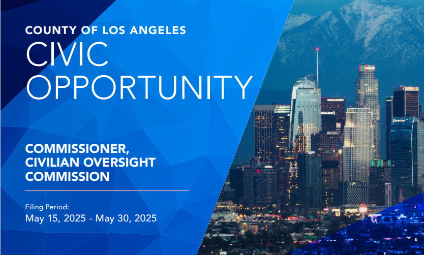 Interested in Serving as a Commissioner?

The Los Angeles County Sheriff Civilian Oversight Commission is recruiting!

Applicants are encouraged to apply by May 15, 2025, for first consideration. Deadline is May 30, 2025.

More info at bit.ly/COC-Commission…