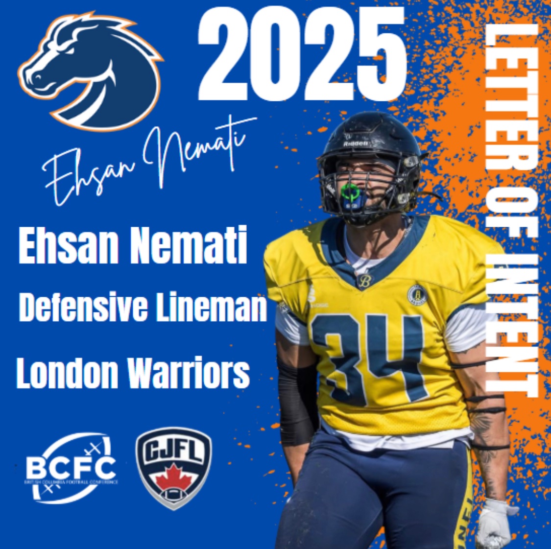 LOI Alert - the <a href="/KamBroncos/">Kamloops Broncos</a> have #LOI signed defensive lineman Ehsan Nemati for the 2025 season. Welcome Ehsan!
<a href="/CJFLnews/">CJFL News</a>