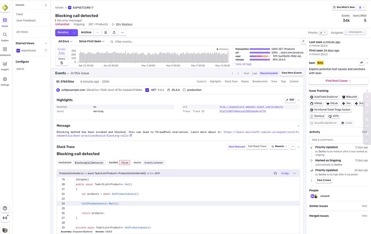 Bruno Garcia (@brungarc) on Twitter photo hey #dotnet peeps, blocking on async code is live in the <a href="/getsentry/">Sentry</a> SDK for .NET
You can see an example here:
sandbox.sentry.io/issues/6554705…
Thanks <a href="/ben_a_adams/">Ben {chmark} Adams ⟠</a> for the core bits used under the hood. <a href="/davidfowl/">David Fowler</a> wdyt? hey #dotnet peeps, blocking on async code is live in the <a href="/getsentry/">Sentry</a> SDK for .NET
You can see an example here:
sandbox.sentry.io/issues/6554705…
Thanks <a href="/ben_a_adams/">Ben {chmark} Adams ⟠</a> for the core bits used under the hood. <a href="/davidfowl/">David Fowler</a> wdyt?