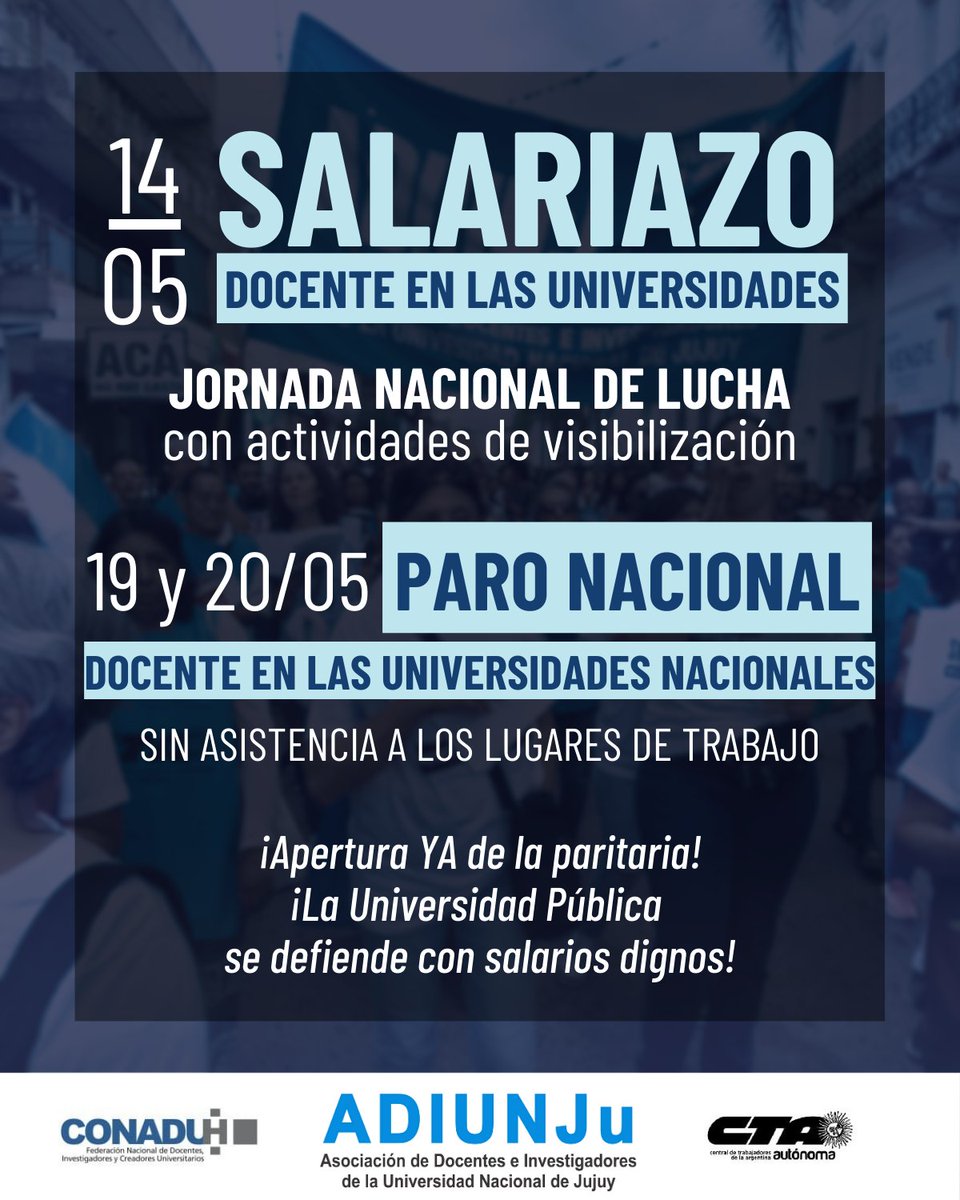 📢 SUMATE A LAS ACCIONES DE VISIBILIZACIÓN Y AL PARO NACIONAL EN LAS UNIVERSIDADES NACIONALES ✊

📅 14/05: ¡Salariazo! 💥 Jornada Nacional de Lucha y Visibilización 📣

📅 19 y 20/05: Paro de 48 horas – ❌ Sin asistencia a los lugares de trabajo 🏫