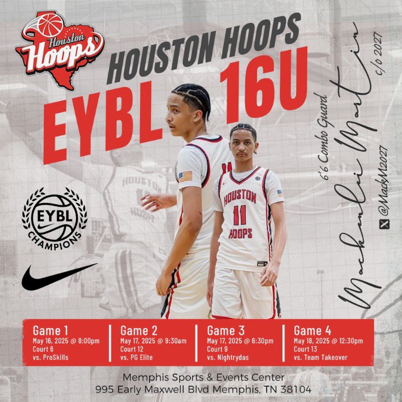 Mackenlei Martin (@mackm2027) on Twitter photo Ready to get after it this weekend playing with <a href="/houstonhoops16s/">Houston Hoops 16s EYBL</a> in Memphis at EYBL session 2 for the first live period! <a href="/CoachPeteQuinn_/">Pete Quinn</a> <a href="/dontemathis_/">Donte Mathis</a> <a href="/MD_Hoops1/">Mark D.</a> <a href="/MattJones2418/">Matthew Jones</a> <a href="/JoePierreIII/">Joe Pierre III</a> <a href="/JoshPierre4/">Josh Pierre</a> <a href="/WendellMo/">Wendell Moore</a> <a href="/CoachEnfield/">Andy Enfield</a> <a href="/bryan_yungeberg/">Bryan Yungeberg</a> <a href="/Chris_Mudge/">Chris Mudge</a> Ready to get after it this weekend playing with <a href="/houstonhoops16s/">Houston Hoops 16s EYBL</a> in Memphis at EYBL session 2 for the first live period! <a href="/CoachPeteQuinn_/">Pete Quinn</a> <a href="/dontemathis_/">Donte Mathis</a> <a href="/MD_Hoops1/">Mark D.</a> <a href="/MattJones2418/">Matthew Jones</a> <a href="/JoePierreIII/">Joe Pierre III</a> <a href="/JoshPierre4/">Josh Pierre</a> <a href="/WendellMo/">Wendell Moore</a> <a href="/CoachEnfield/">Andy Enfield</a> <a href="/bryan_yungeberg/">Bryan Yungeberg</a> <a href="/Chris_Mudge/">Chris Mudge</a>