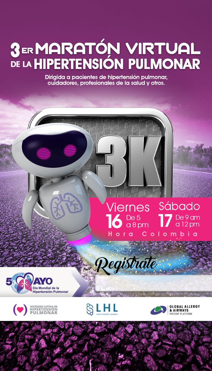 Prepárate para la 3ª Maratón por la Hipertensión Pulmonar, un evento virtual lleno de esperanza y acción. Únete el 16 de mayo a las 5:00 p.m. y el 17 de mayo a las 9:00 a.m. (hora Colombia) aquí: us02web.zoom.us/meeting/regist….
#HipertensiónPulmonar #PulmnaryHypertension