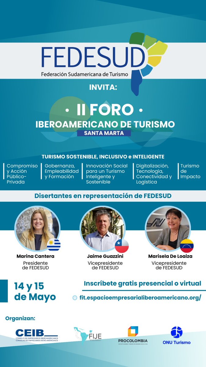 ¡Nos complace invitarlos al II Foro Iberoamericano de Turismo! 📍 14 y 15 de mayo en Santa Marta, Colombia.

✅Participación gratuita (presencial y online).
🔗 Inscribite aquí: ….espacioempresarialiberoamericano.org