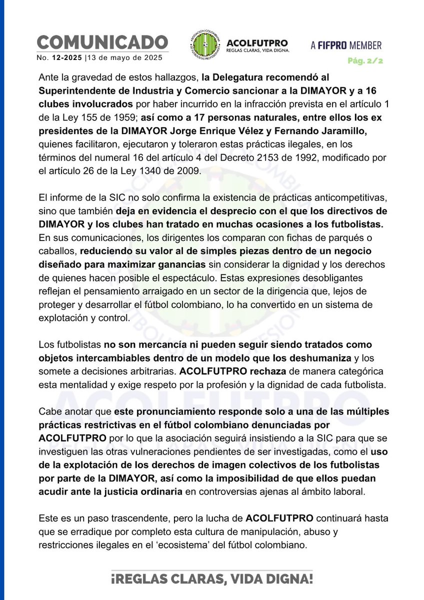 ACOLFUTPRO (@acolfutpro) on Twitter photo COMUNICADO | Delegatura de Competencia de la <a href="/sicsuper/">Superintendencia de Industria y Comercio 🇨🇴</a> recomienda al Superintendente sancionar a la <a href="/Dimayor/">DIMAYOR</a> , 16 clubes y 17 directivos del FPC
➡ acolfutpro.org/?p=11976
<a href="/FCF_Oficial/">FCF</a> <a href="/FIFPRO/">FIFPRO</a> <a href="/FIFProAmerica/">FIFPRO Sudamérica</a> <a href="/fifacom_es/">FIFA (Español)</a> <a href="/GarciaSilvero/">Emilio García Silvero</a> <a href="/MintrabajoCol/">MinTrabajo</a> <a href="/AntonioSanguino/">Antonio Sanguino</a> COMUNICADO | Delegatura de Competencia de la <a href="/sicsuper/">Superintendencia de Industria y Comercio 🇨🇴</a> recomienda al Superintendente sancionar a la <a href="/Dimayor/">DIMAYOR</a> , 16 clubes y 17 directivos del FPC
➡ acolfutpro.org/?p=11976
<a href="/FCF_Oficial/">FCF</a> <a href="/FIFPRO/">FIFPRO</a> <a href="/FIFProAmerica/">FIFPRO Sudamérica</a> <a href="/fifacom_es/">FIFA (Español)</a> <a href="/GarciaSilvero/">Emilio García Silvero</a> <a href="/MintrabajoCol/">MinTrabajo</a> <a href="/AntonioSanguino/">Antonio Sanguino</a>