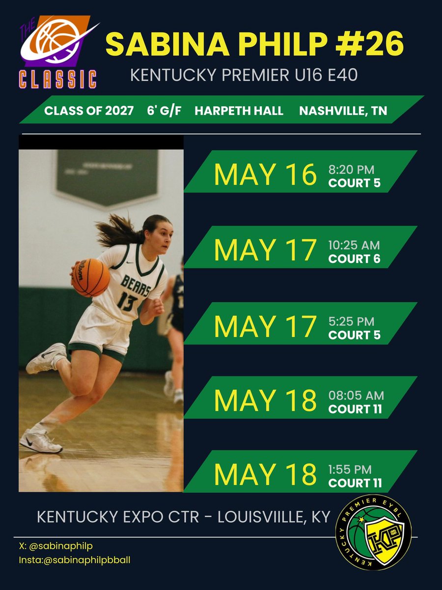 sabina philp (@sabinaphilp) on Twitter photo Excited for another chance to get better, and, play hard with the best teammates. Here’s my schedule for The Classic tournament this weekend in Louisville, Ky. Hope to see you there.
<a href="/JasonLitz/">Jason Litz</a> <a href="/PGHTennessee/">Prep Girls Hoops Tennessee</a> <a href="/riseupsports1/">Rise Up Sports Media</a> <a href="/KentuckyPremier/">Kentucky Premier EYBL</a> <a href="/KYPE40U16/">KYP- E40 Robertson/Adler</a> <a href="/joe_spears7/">Joe Spears🏈🏀</a> <a href="/Elite40League/">Elite 40 League</a> Excited for another chance to get better, and, play hard with the best teammates. Here’s my schedule for The Classic tournament this weekend in Louisville, Ky. Hope to see you there.
<a href="/JasonLitz/">Jason Litz</a> <a href="/PGHTennessee/">Prep Girls Hoops Tennessee</a> <a href="/riseupsports1/">Rise Up Sports Media</a> <a href="/KentuckyPremier/">Kentucky Premier EYBL</a> <a href="/KYPE40U16/">KYP- E40 Robertson/Adler</a> <a href="/joe_spears7/">Joe Spears🏈🏀</a> <a href="/Elite40League/">Elite 40 League</a>