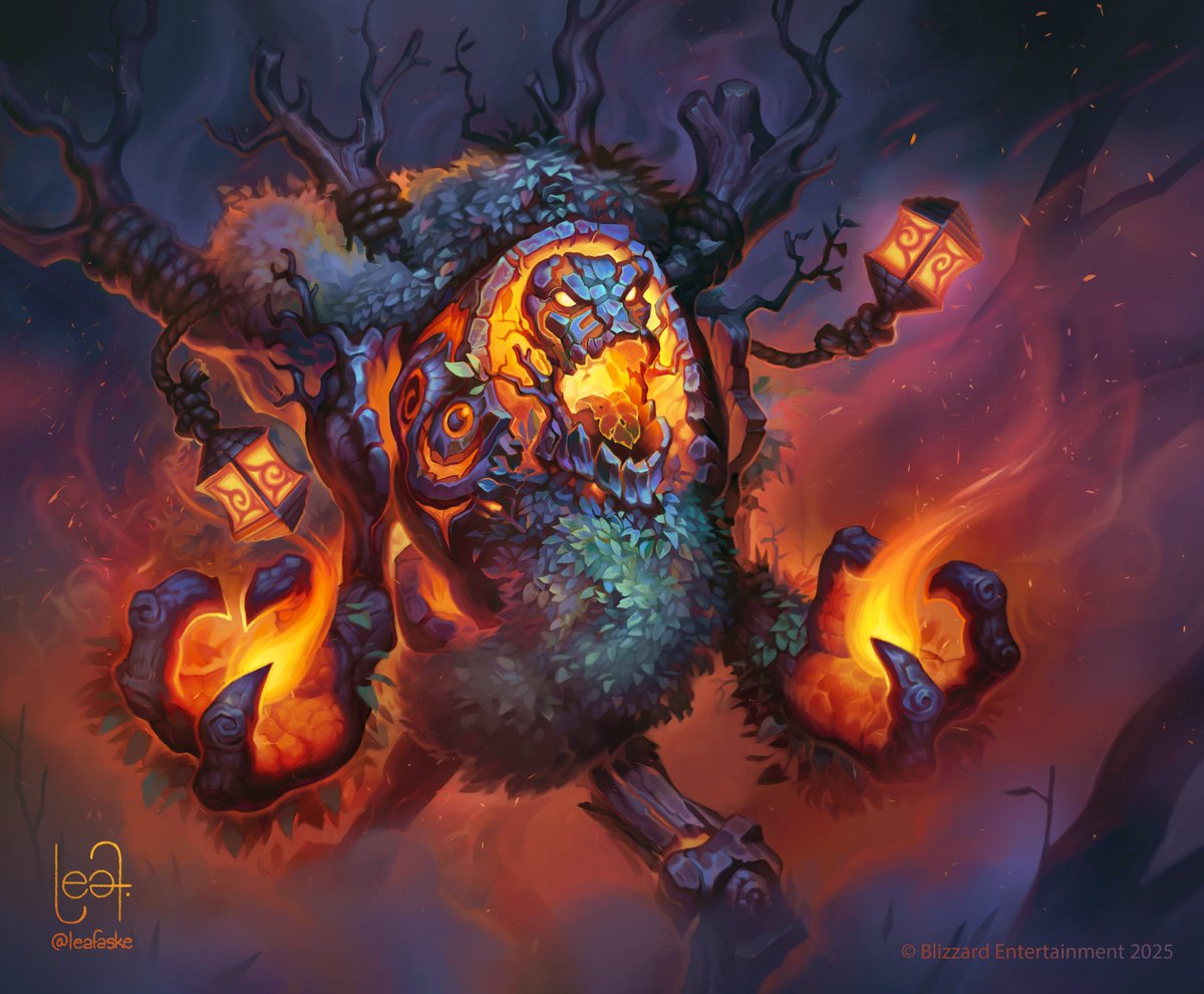My illustration contribution to the <a href="/PlayHearthstone/">Hearthstone</a>  Mini-set, Embers of the World Tree, went live today. 😊
I'm always so focused on art directing these baddies that it's a blessing when I can paint one myself. Nothing presents a challenge like a fiery tree monster!