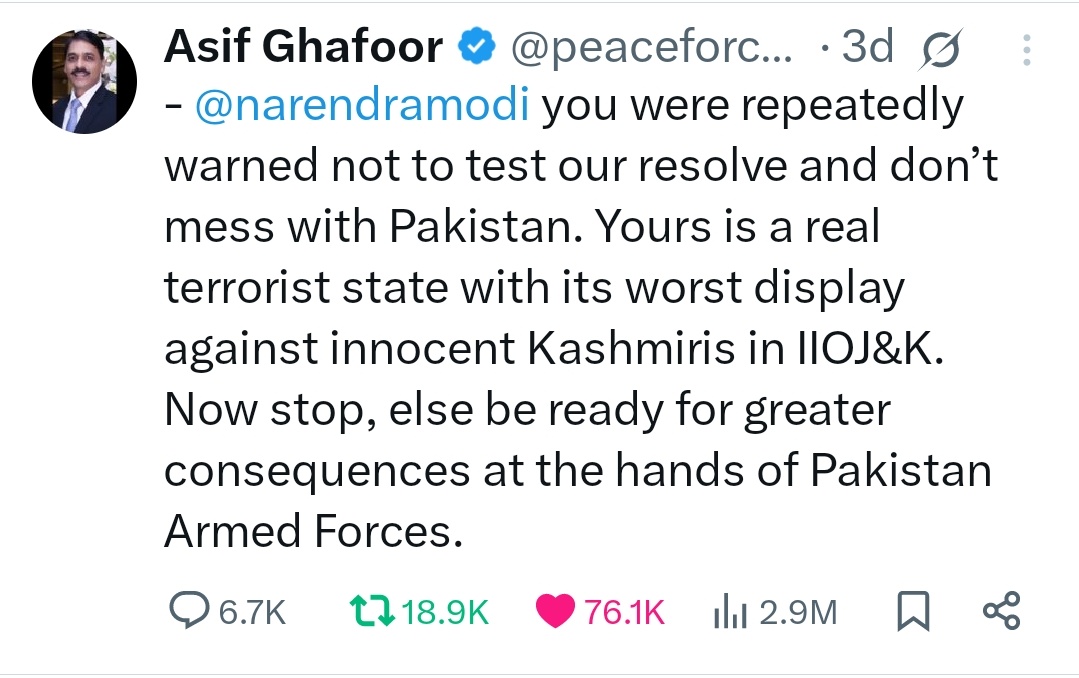 Tweet of the Century, especially on operation #BunyanunMarsoos #Bunyan_Al_Marsoos #Banyan_Al_Marsus against #Endian aggression with 2.9 Million views by one &amp; only the lion of Pakistan Lieutenant General Asif Ghafoor ❤️🇵🇰✌️💣

Long Live Pakistan Armed Forces 
Long Live Pakistan