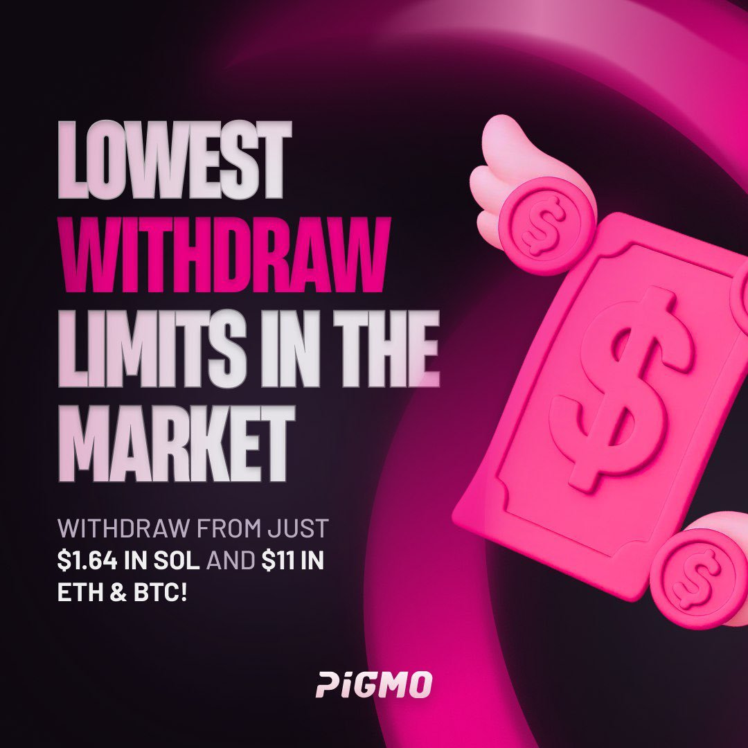 Low Withdrawal Limits? We're Practically Giving It Away! 🤯

Pigmo is flexing with some seriously insane withdrawal limits. The lowest you'll find out there 😉

💰 Current minimum withdrawal thresholds:

$SOL: $1.64 $BTC: $11 $ETH: $11

🔄 + send addy for some $SOL to play