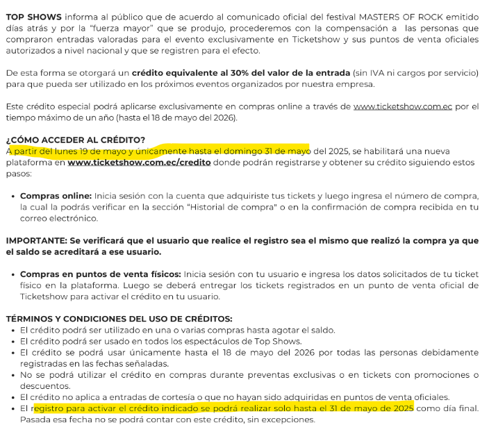 cariasll's tweet image. Para los que quieran solicitar la devolución del concierto #MastersOfRock solo pueden hacerlo hasta el 31 de mayo. ojo.