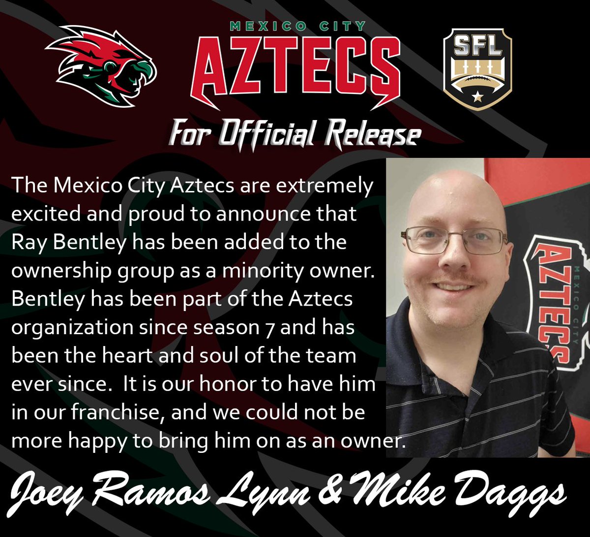 Mexico City Aztecs (@sflaztecs) on Twitter photo It is our honor and privilege to announce that our long time teammate, assistant general manager, and dear friend Ray Bentley has been added to the ownership group of the Mexico City Aztecs! #aztecempire <a href="/simulationfl/">Simulation Football League</a> It is our honor and privilege to announce that our long time teammate, assistant general manager, and dear friend Ray Bentley has been added to the ownership group of the Mexico City Aztecs! #aztecempire <a href="/simulationfl/">Simulation Football League</a>