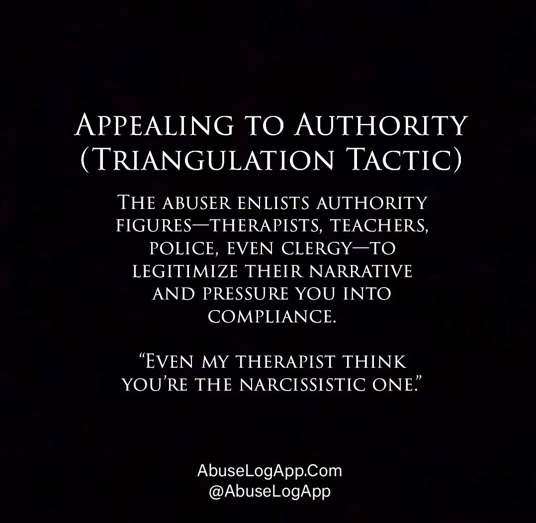 Even my therapist thinks you’re narcissistic” is classic appeal to authority mixed with triangulation. It weaponizes a third party to discredit you without proof or context. Pure manipulation.

#Triangulation #AppealToAuthority #NarcissisticAbuse #Gaslighting
