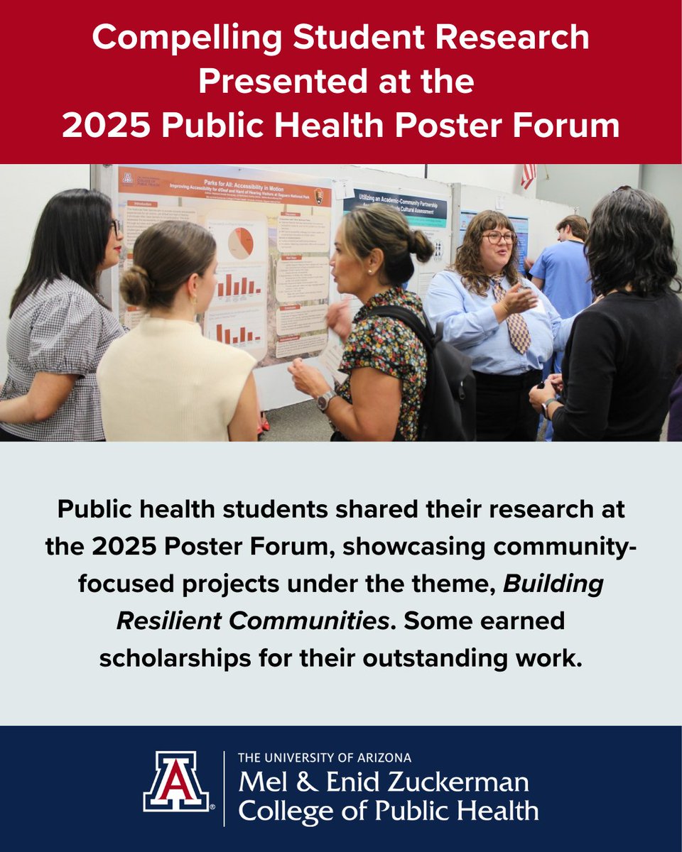 Our students shined at the 2025 Public Health Poster Forum! 

Congrats to our poster award winners—and thank you to everyone who helped make this student-run event a success! 

#PublicHealth #UAZPublicHealth #StudentResearch

See the photos: publichealth.arizona.edu/news/2025/comp…